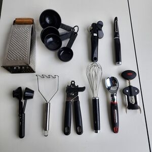 Lot Of 10 Black Kitchen Dining Utensil Assortment Wicker Wine Opener Grinder